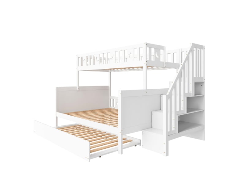  Lit superposé enfant 90x200 cm et 140x200 cm, lit gigogne, escalier de rangement, bois, blanc  - Conforama D