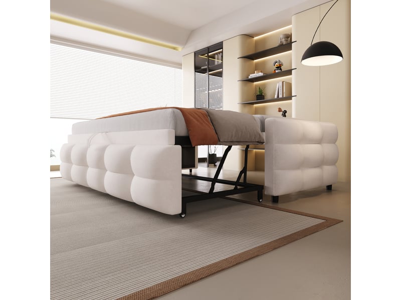  Canapé-lit extensible 90180*190cm, lit capitonné, pouf, tissu teddy, coloris beige, livré sans matelas.  - Conforama D