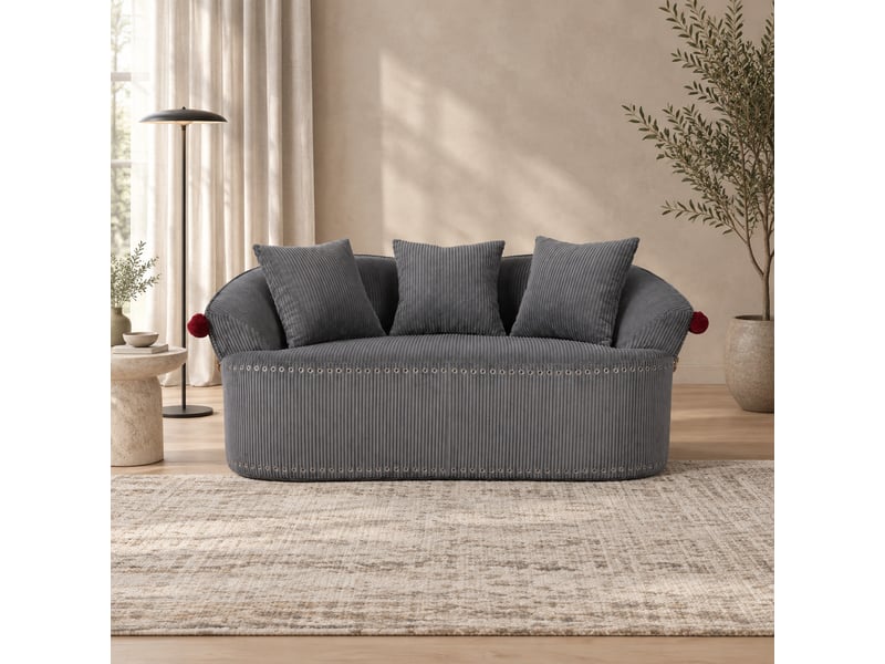  Canapé 2 places velours côtelé gris foncé 163x93x68 cm, forme arrondie, 3 coussins inclus  - Conforama B
