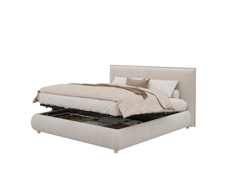  Lit double hydraulique 160x200cm, grand rangement, tête capitonnée et pieds bois massif, sommier lattes, crème velours  - Conforama A