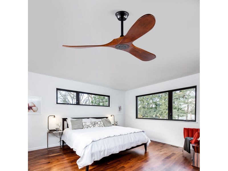  Ventilateur de plafond 132 cm noir et noyer foncé, 3 pales en bois, moteur réversible silencieux sans éclairage  - Conforama B