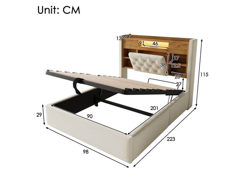  Lit coffre 90x200 cm, lit enfant, rangement hydraulique, étagères, led, usb et usb-c, lin beige  - Conforama B