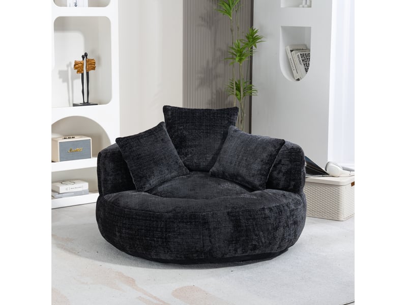  Fauteuil pouf en tissu noir 108 x 108 cm, dossier haut enveloppant et 3 coussins pour se détendre à la maison  - Conforama E
