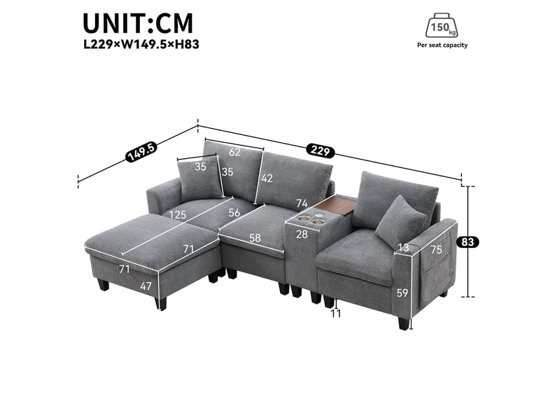 Canapé d'angle modulaire 4 places en velours côtelé gris avec usb et rangement - Conforama C