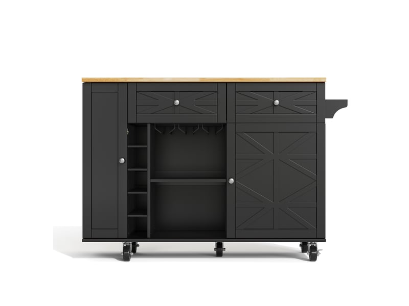 Îlot de cuisine avec plan de travail pliant, 5 roues verrouillables, étagère porte, étagère à vin et support verre, noir, 120 x 45(70) x 89 cm - Conforama A