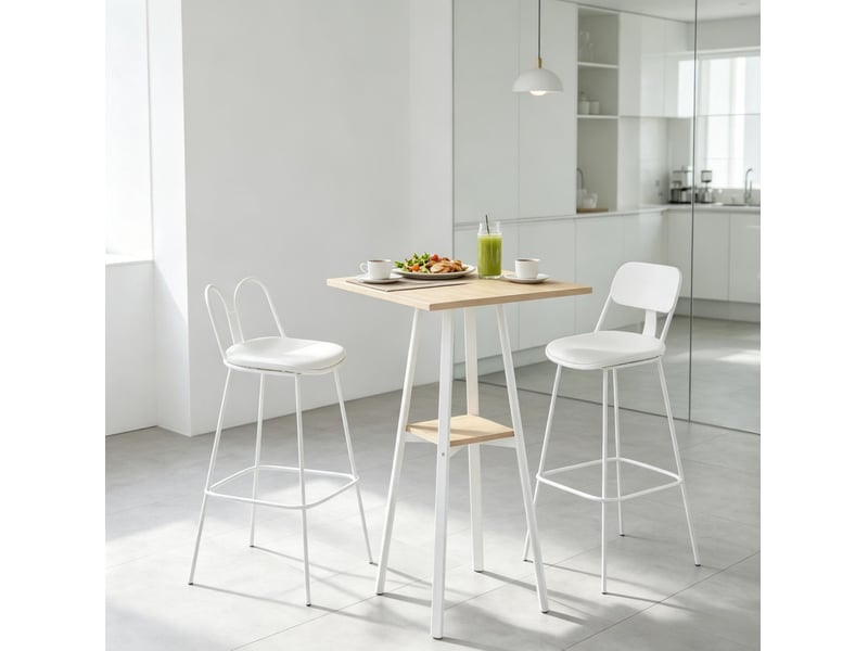  Table haute de bar carrée 55x55x95 cm – naturel et blanc – étagère basse pour 2 personnes et pieds réglables  - Conforama B