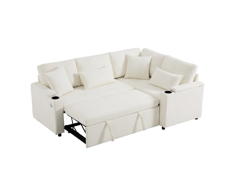 Canapé d'angle convertible 4 places 206,5 cm canapé d’angle droit, rangement, port usb, porte-gobelet, 4 coussins, chenille beige Morn Vibe - Conforama A