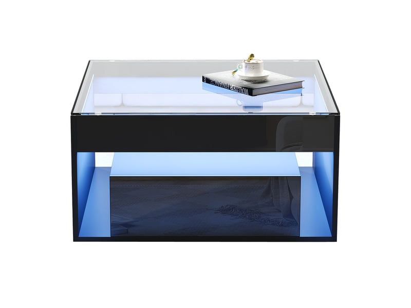  Table basse 70x70x35 cm avec plateau en verre trempé et led intégrée, 2 tiroirs laqués, corps en mdf, noir  - Conforama A