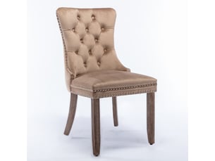Lot de 2 chaises de salle à manger en velours kaki, dossier haut capitonné, clous décoratifs, pieds en bois massif, style français élégant