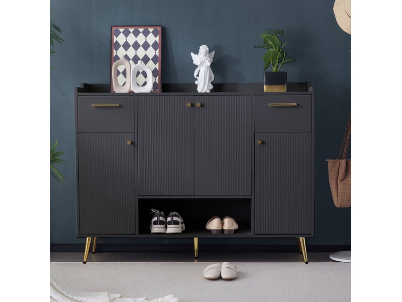  Meuble à chaussures 130x37x100 cm – noir – 2 tiroirs, 4 portes et rangement ouvert pour entrée moderne  - Conforama B