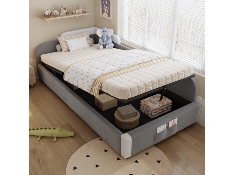 Lit coffre enfant 90x200 cm, lit capitonné une place avec sommier hydraulique et barrière de sécurité anti-chute, velours et contreplaqué doux, gris - Conforama B