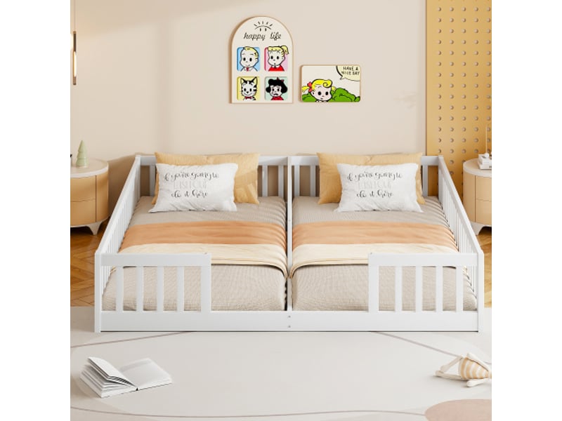  Lit enfant 90x200cm,lit double en pin avec grille et barrière de sécurité,blanc lit enfant gris - Conforama B