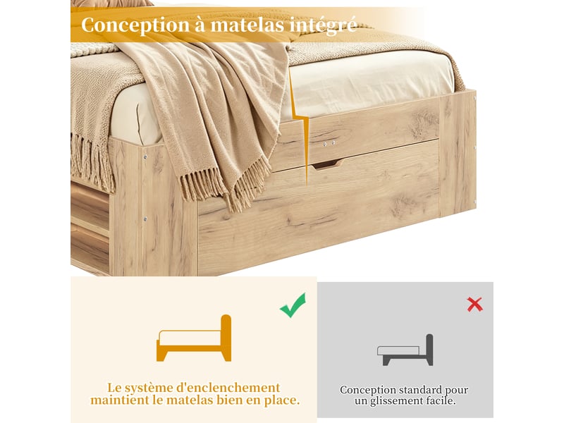  Lit enfant 1 place 90x200 cm avec tiroirs, grands rangements, niches coulissantes, usb et usb-c, veilleuse, tête de lit rembourrée pu, mdf naturel  - Conforama E