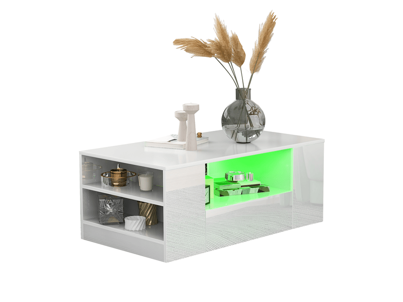 Table basse blanche brillante de salon moderne avec led 2 tiroirs et 2 étagères 95x53x37 cm - Conforama A