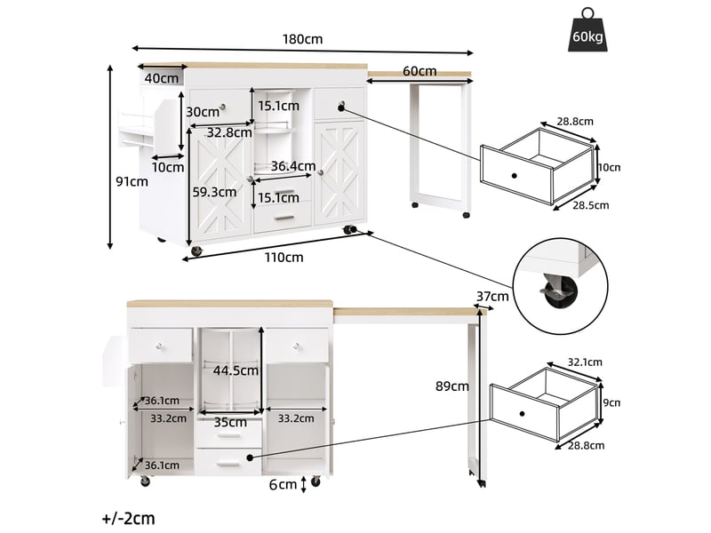 Desserte de cuisine extensible 110 à 180 x 40 x 91 cm blanche en mdf, 4 tiroirs et plateau coulissant - Conforama C