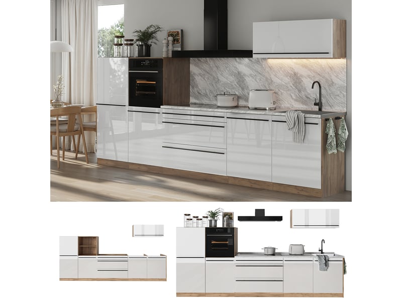 Vicco cuisine, blanc haute brillancechêne doré, 340cm plan de travail chêne doré - Conforama D