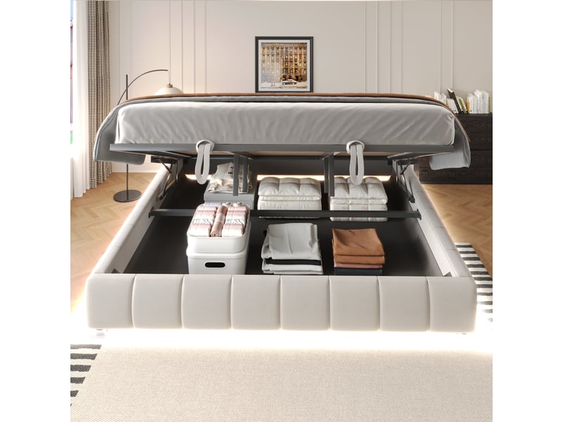  Lit coffre sans tête de lit 180 x 200 cm, coffre à relevage hydraulique, éclairage led, sans tête de lit, effet suspendu, velours, beige ABC - Conforama D