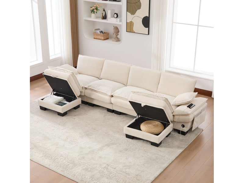 Canapé droit modulable 4 places en velours côtelé beige avec 2 poufs de rangement et port usb-c pour le salon - Conforama E