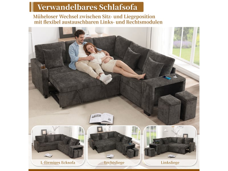 Canapé d'angle convertible 5 places 220 × 205 × 86,5 cm, méridienne réversible avec rangement, usb et usb-c, pouf coffre, chenille, gris OMNIGLINT TRADING LTD - Conforama D