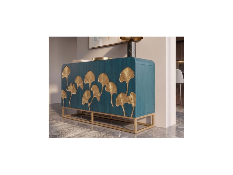  Buffet lotusia 160 cm – bois de manguier turquoise et doré – 3 portes  - Conforama E
