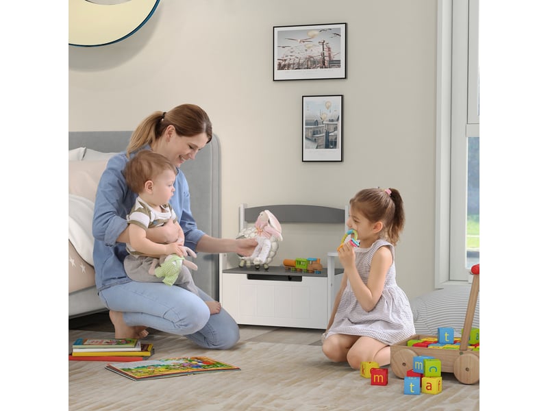 Banc rangement enfant, dossier, couvercle fermeture douce, charge 30kg. Salle de jeux, 68,5 x 34 x 58 cm, grisblanc. - Conforama C
