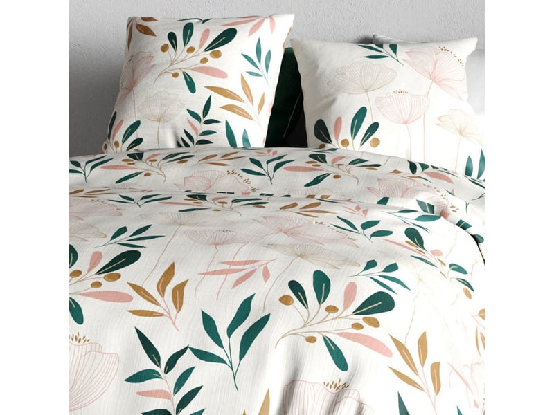  Parure housse de couette 240x220cm + 2 taies motif fleurs blanc rose et vert 100% coton - siloe SILOE - Conforama D