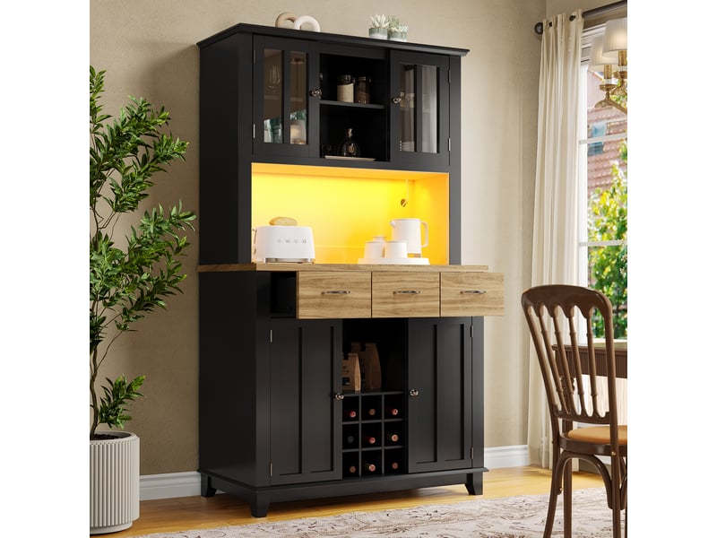 Buffet haut 106x40x179.5cm, armoire cuisine avec led avec étagères réglables, grande capacité de rangement, style moderne - bois et noir evarich - Conforama B