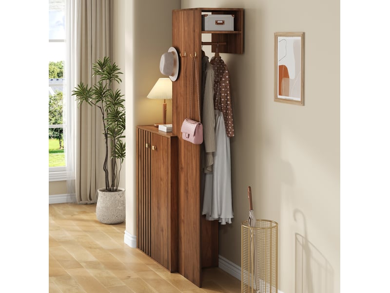  Armoire d’entrée compacte 115x38,5x191,5 cm, rangement chaussures et penderie, meuble d’entrée, confortable, mdf, noyer  - Conforama E