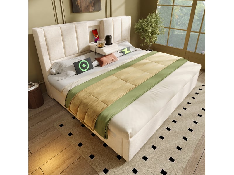  Lit coffre 160x200 cm, matelas inclus, lin beige, porte-gobelet caché et station de charge  - Conforama D