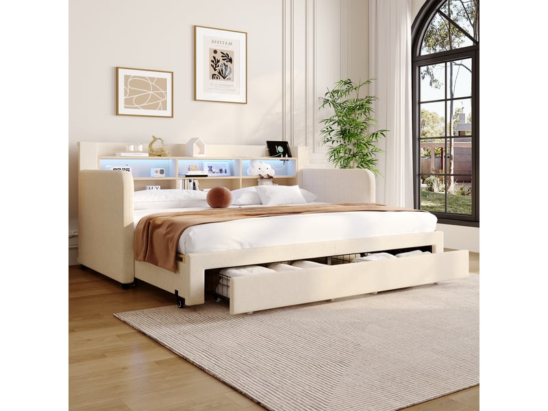  Canapé-lit convertible 2 en 1 90x200 cm avec led, tiroirs et rangement ouvert, velours beige, sans matelas  - Conforama W