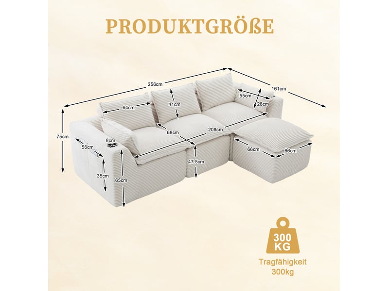 Canapé droit modulable 3 places en velours côtelé beige avec pouf, porte-boisson et rangements latéraux - Conforama C