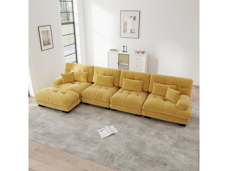  Canapé d'angle modulaire 4 places avec ottoman mobile, assise profonde et coussins, en chenille jaune  - Conforama B