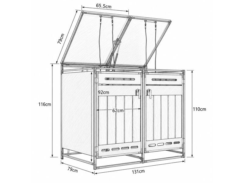  Coffre de jardin en fer avec couvercle hydraulique bardage aspect bois vertical ventilation à fentes longues et serrure  - Conforama C