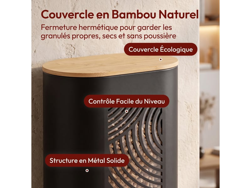  Casabel réservoir pellets &amp; granulés, niveau visible, cap. 15kg, métal noir, couvercle bambou, pour poêle à pellets  - Conforama E