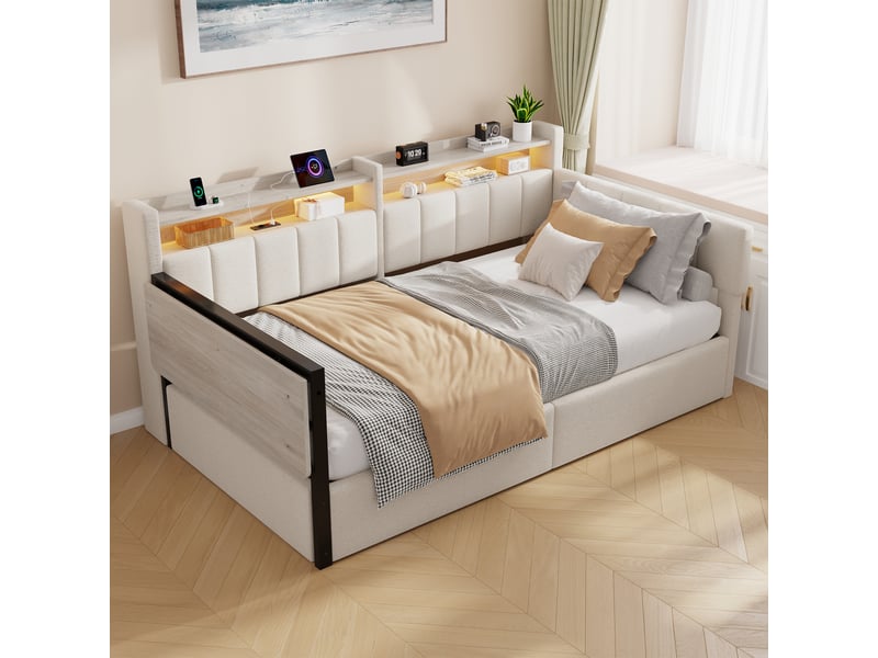  Lit coffre banquette 90x200 cm, lit hydraulique rembourré, table rabattable, tête de lit rangement, led, usb-c, velours (sans matelas), blanc CozyNest - Conforama D