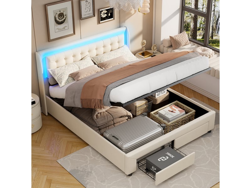  Lit coffre 160x200cm - lit double 160x200 - avec 2 tiroirs et tête de lit led rgb, rembourré en velours - style moderne - beige  - Conforama C