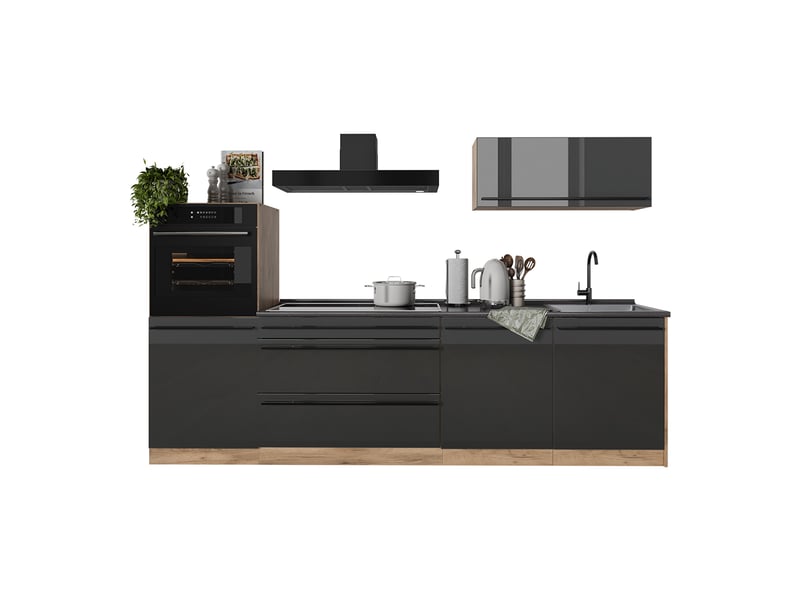  Vicco cuisine, anthracite haute brillancechêne doré, 280cm plan de travail anthracite  - Conforama E