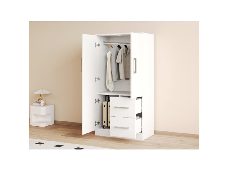 Armoire enfant blanche 70x40x135 cm – 2 portes et tiroirs, rangements  - Conforama E