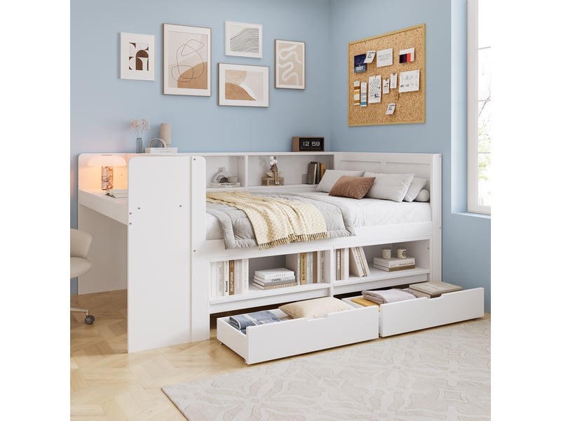 Lit combiné avec bureau, armoire, 2 tiroirs, 120x200 cm : fonctionnalités et design pour un espace optimisé - Conforama E