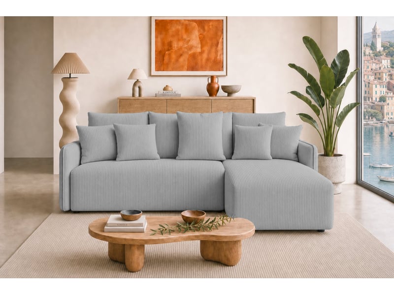  Portofino - canapé d'angle convertible petit velours côtelé 3 places gris clair  - Conforama D