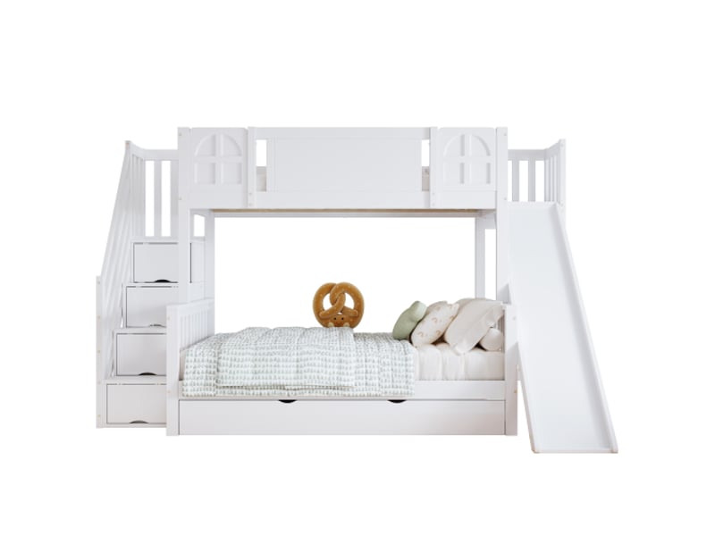 Lit superposé 90x200 et 120x200 cm, marche de rangement 4 compartiments et toboggan, en bois, blanc, sans matelas - Conforama A