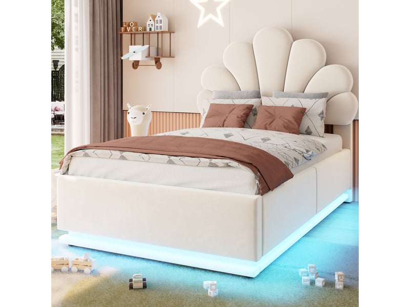  Lit coffre rembourré 90x200 cm coloris beige led velours  - Conforama D