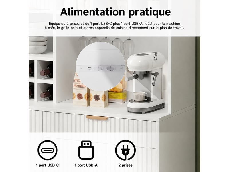  Meuble de cuisine muvano, buffet haut blanc pour salle à manger, prises et usb, 100 × 40 × 175 cm  - Conforama E