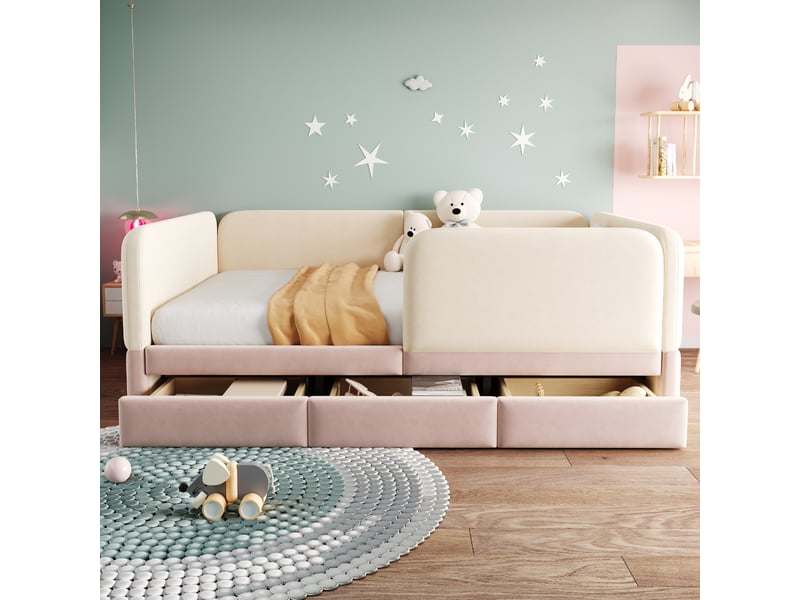  Lit enfant 140 × 200 cm 2 places avec contour rembourré, 3 tiroirs, sans matelas, en velours beige et rose  - Conforama C