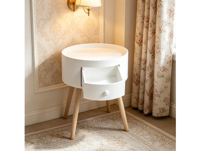  Table de chevet ronde avec tiroir – blanc et bois clair – 38 x 38 x 45 cm  - Conforama B