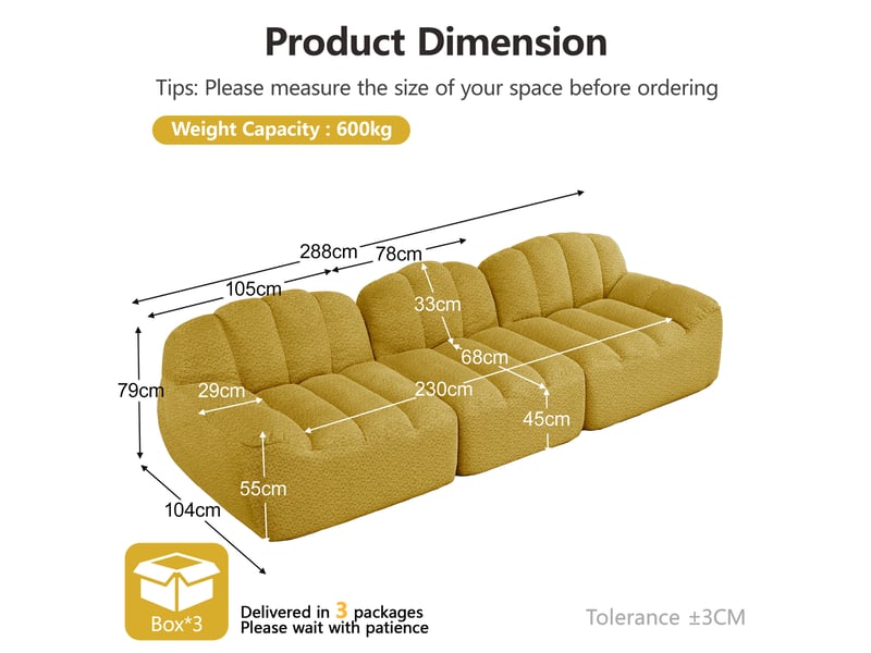  Canapé modulaire 3 places avec assise profonde, design ergonomique et modules antidérapants, en polaire texturée jaune  - Conforama E