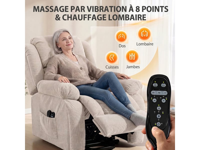  Fauteuil releveur électrique, massage et chauffage, repose-pieds, dossier inclinable, télécommande, 93x104x100cm, beige  - Conforama D