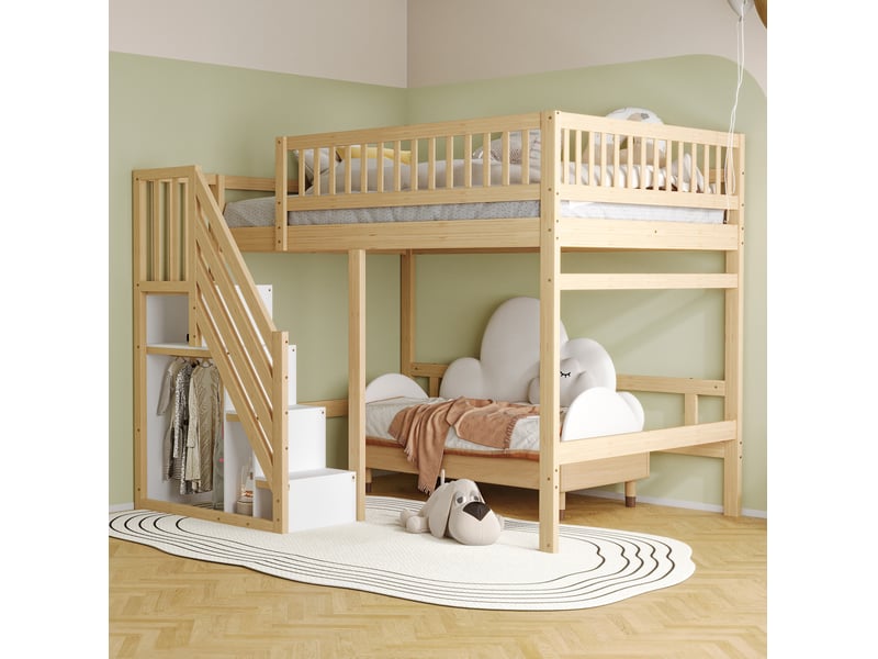  Lit mezzanine enfant 140x200 cm en bois avec escalier de rangement, naturel  - Conforama D