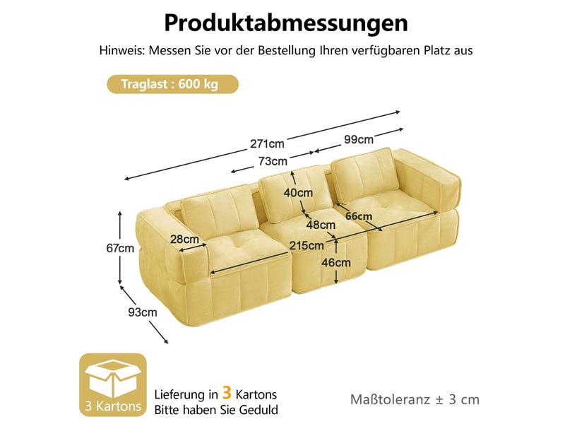 Canapé modulable 3 places sans structure en polyester jaune - Conforama C