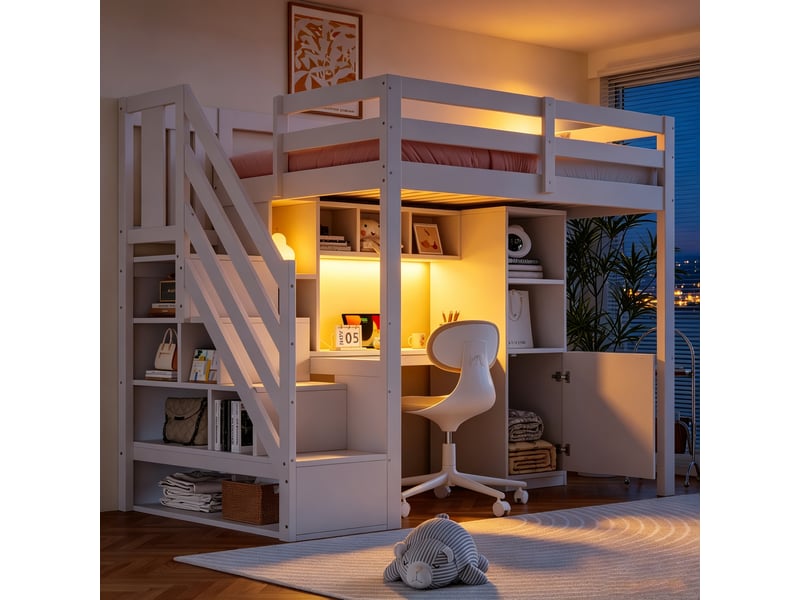 Lit mezzanine enfant 90x200 cm avec bureau, escalier avec rangement, led, prises électriques, étagères, barrières hautes, blanc Radiant Stride - Conforama B